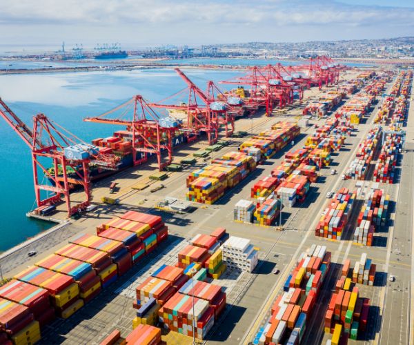 Rows of shipping containers in the Port of Long Beach USA