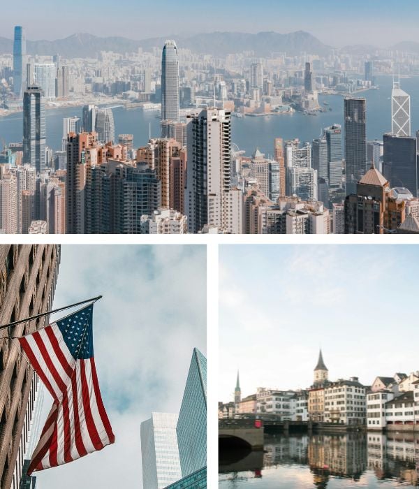 Collage of Zurich, New York and Hong Kong