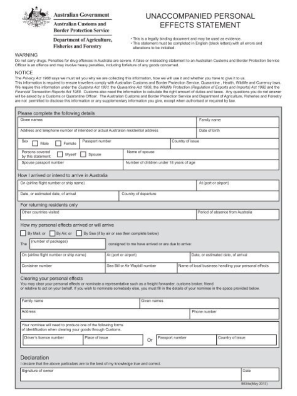 Australian customs form sample