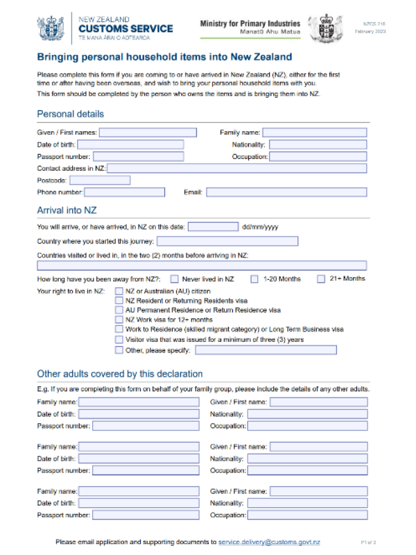 New Zealand NZCS 218 customs form sample