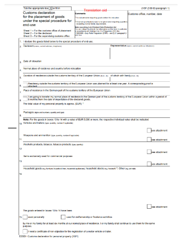 German customs form 0350 sample