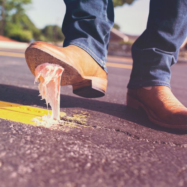 Boot stepping into chewing gum