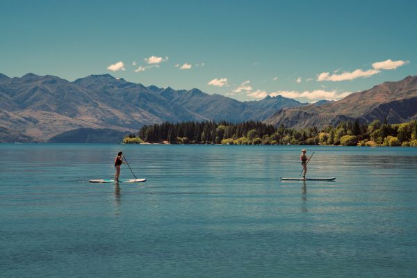 People paddleboarding on a lake in New Zealand