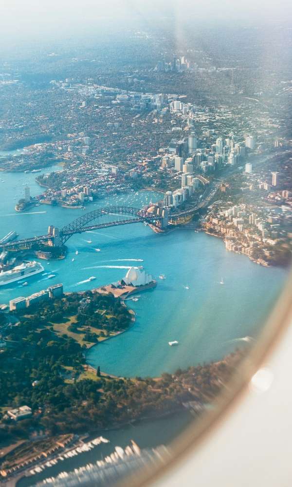 View of Sydney Harbour through a plane window