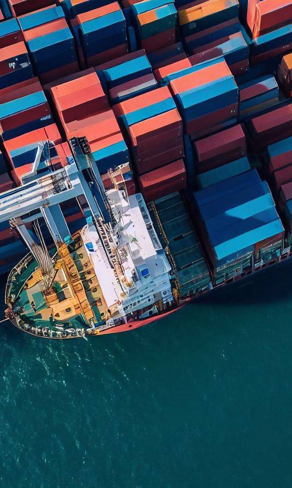 Birds eye view of shipping containers being loaded onto a cargo ship