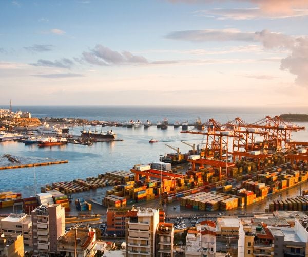 The Port of Piraeus in Greece at dusk