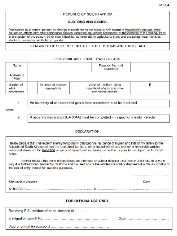 South Africa customs declaration DA304