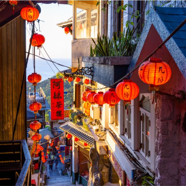 Street lined with paper lanterns in Taiwan