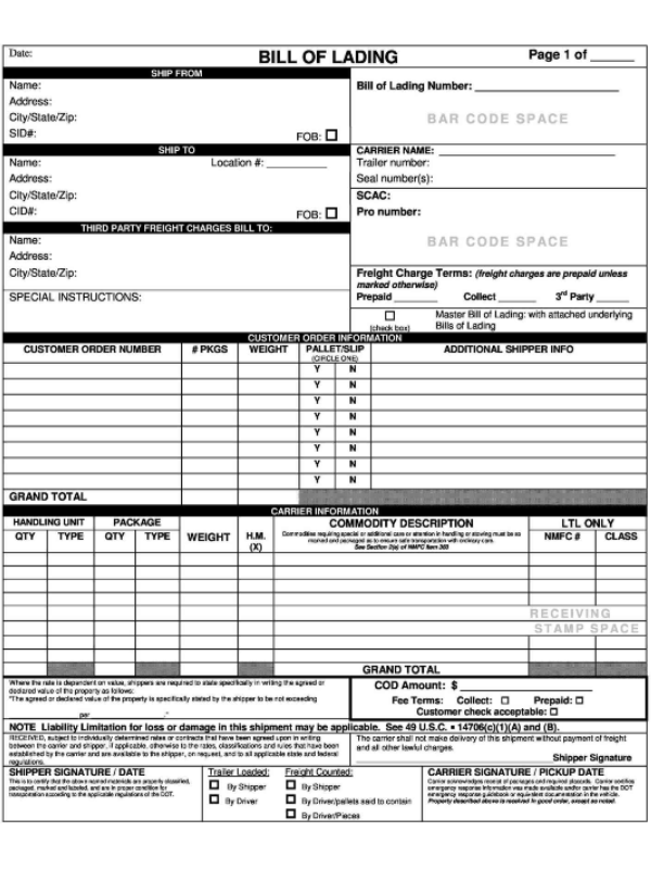 BoL form sample