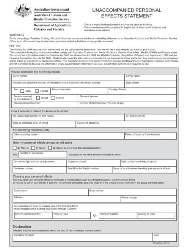 Australian customs form sample