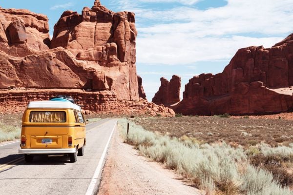 Camper Van Driving Through The Grand Canyon