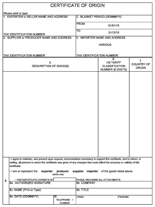 Certificate of Origin form sample