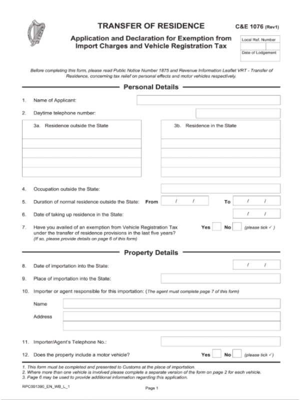 Ireland customs form sample