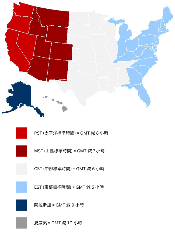 USA time zones in Traditional Chinese